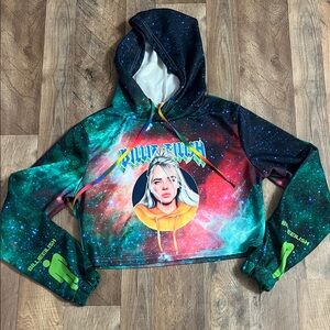 Colorful Graphic Billie Eilish cropped Hoodie with Galaxy Print sz S